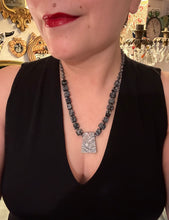 Load image into Gallery viewer, This rustic necklace features an eye-catching large trapezoid-shaped Picasso jasper, hematite, square-shaped snowflake obsidian combo set in a unique and chic design. Handcrafted from genuine stones, this necklace is perfect for any bohemian look. Measurements: Necklace is 21"