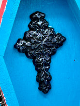 Load image into Gallery viewer, Coffin keepsake box represents the eternal love for a special kitty cat in your life. Cat silhouette sitting admiring the moon and stars. Day Of The Dead art was created for the cat lovers who adore their sweet kitty. Coffin-shaped box features a bright and vibrant red exterior, with an adoring yellow crescent moon and star. Complemented with a shimmery blue ribbon and smiling moon, the inside is painted in a bright bluer hue with black floral cross and detailing a traditional Mexican-themed fabric.