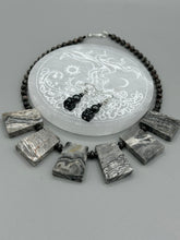 Load image into Gallery viewer, These earrings feature large square shape snowflake obsidian beads complemented with round hematite beads. The neutral cool tones of the stone beads create a unique and versatile style. Measurements: 1 1/4” in length