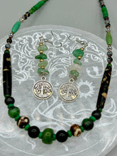 Load image into Gallery viewer, This nature-inspired set of earrings features a single strand of natural green aventurine chip stones and gold glass beads, highlighted by a silver-plated Tree of Life pendant. Measurements: 2 1/4” in length