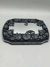 Load image into Gallery viewer, Make a bold statement with this handcrafted Goth Floral Decorative Mirror Wall Art Decor. The wood frame is complimented with highly detailed flowers, leaf and vine motifs, enhanced with shimmery metallic highlights for added texture and depth. Each intricate detail is carefully sculpted to create a unique and beautiful piece that's sure to make a statement. H 6 3/4" x W 9 1/2” x D 1"