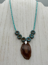 Load image into Gallery viewer, This exquisite Natural Dark Brown Agate Geode Sliced Stone Chip Necklace adds a unique touch of luxury to any look. Its banded geode and hibiscus flower glass beads offer a sophisticated bohemian style, and the natural gemstones are sure to make a statement. Add it to any outfit for a stylish and timeless touch. Measurements: Necklace is 18” in length - pendant is 1 3/4” Height Amber Stone Chip Earrings: 2" in length