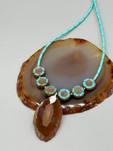 Load image into Gallery viewer, This exquisite Natural Dark Brown Agate Geode Sliced Stone Chip Necklace adds a unique touch of luxury to any look. Its banded geode and hibiscus flower glass beads offer a sophisticated bohemian style, and the natural gemstones are sure to make a statement. Add it to any outfit for a stylish and timeless touch. Measurements: Necklace is 18” in length - pendant is 1 3/4” Height Amber Stone Chip Earrings: 2" in length