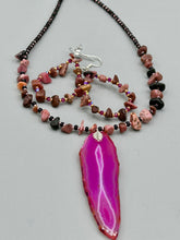 Load image into Gallery viewer, These pure rhodonite stone chip earrings with lustrous fuchsia and gold glass beading boast shimmering accents of blue, gold, and purple. Measurements: 2 1/4" length