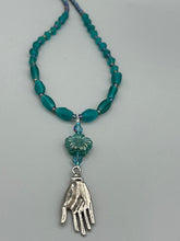 Load image into Gallery viewer, Blue-Green Pressed Glass Floral Beaded Necklace, Nature Inspired, Summer Jewelry