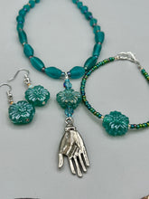 Load image into Gallery viewer, Blue-Green Pressed Glass Floral Beaded Necklace, Nature Inspired, Summer Jewelry