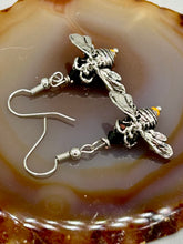 Load image into Gallery viewer, Honey bee shaped metal fish hook earrings with black and yellow glass beads. Measurement: 1" in length