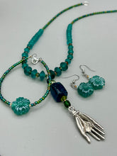 Load image into Gallery viewer, Blue-Green Glass Beaded Necklace With Lucky Hand Charm, Nature Inspired, Summer Jewelry,