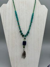 Load image into Gallery viewer, Blue-Green Glass Beaded Necklace With Lucky Hand Charm, Nature Inspired, Summer Jewelry,