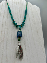 Load image into Gallery viewer, Blue-Green Glass Beaded Necklace With Lucky Hand Charm, Nature Inspired, Summer Jewelry,