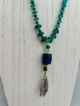 Load image into Gallery viewer, Blue-Green Glass Beaded Necklace With Lucky Hand Charm, Nature Inspired, Summer Jewelry,