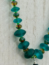 Load image into Gallery viewer, Blue-Green Glass Beaded Necklace With Lucky Hand Charm, Nature Inspired, Summer Jewelry,