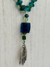 Load image into Gallery viewer, Blue-Green Glass Beaded Necklace With Lucky Hand Charm, Nature Inspired, Summer Jewelry,