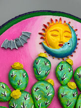 Load image into Gallery viewer, Moon And Sun With Cactus And Tiny Bat Wall Art Decor | Southwest Inspired Artwork