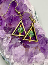 Load image into Gallery viewer, Antique antique brass plated steel ear-wire French Hook Earrings. Antique brass triangle dangle earrings feature a light green round glass beads with tiny small gold tone beads. Unique style earrings display a beautiful complimentary tones between the light green beads and the warm brass tone. Antique antique brass plated steel ear-wire French Hook Earrings. Measurements: 1" length