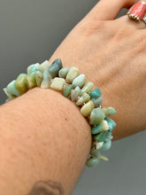 Load image into Gallery viewer, Nature inspired double-strand genuine amazonite chip stone beaded bracelet. Crafted with metal wire and fastened with a toggle clasp. Measurements: 7 3/4" in length