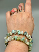 Load image into Gallery viewer, Nature inspired double-strand genuine amazonite chip stone beaded bracelet. Crafted with metal wire and fastened with a toggle clasp. Measurements: 7 3/4" in length