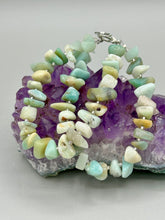 Load image into Gallery viewer, Nature inspired double-strand genuine amazonite chip stone beaded bracelet. Crafted with metal wire and fastened with a toggle clasp. Measurements: 7 3/4" in length