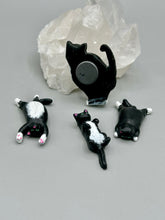 Load image into Gallery viewer, Cat lovers dream, this hand-crafted black tuxedo cat magnet art is the purrfect decoration on refrigerators, lockers, cubicles or toolboxes. The set includes three mini cat figurines, featuring emerald green eyes.