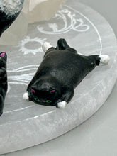 Load image into Gallery viewer, Cat lovers dream, this hand-crafted black tuxedo cat magnet art is the purrfect decoration on refrigerators, lockers, cubicles or toolboxes. The set includes three mini cat figurines, featuring emerald green eyes.