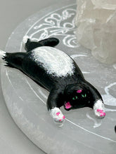 Load image into Gallery viewer, Cat lovers dream, this hand-crafted black tuxedo cat magnet art is the purrfect decoration on refrigerators, lockers, cubicles or toolboxes. The set includes three mini cat figurines, featuring emerald green eyes.