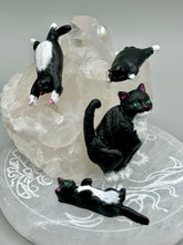 Load image into Gallery viewer, Cat lovers dream, this hand-crafted black tuxedo cat magnet art is the purrfect decoration on refrigerators, lockers, cubicles or toolboxes. The set includes three mini cat figurines, featuring emerald green eyes.