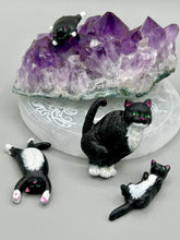 Load image into Gallery viewer, Cat lovers dream, this hand-crafted black tuxedo cat magnet art is the purrfect decoration on refrigerators, lockers, cubicles or toolboxes. The set includes three mini cat figurines, featuring emerald green eyes.