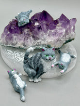 Load image into Gallery viewer, Cat lovers dream, this hand-crafted gray tabby cat magnet art is the purrfect decoration on refrigerators, lockers, cubicles or toolboxes. The set includes three mini cat figurines, featuring emerald green eyes. Measurements: H 2” x W 1/2” x D 3/8” - Cat Magnet H 2” x W 3/8” x D 3/8” - Cat Figurines