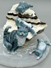 Load image into Gallery viewer, Cat lovers dream, this hand-crafted gray tabby cat magnet art is the purrfect decoration on refrigerators, lockers, cubicles or toolboxes. The set includes three mini cat figurines, featuring emerald green eyes. Measurements: H 2” x W 1/2” x D 3/8” - Cat Magnet H 2” x W 3/8” x D 3/8” - Cat Figurines