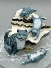 Load image into Gallery viewer, Cat lovers dream, this hand-crafted gray tabby cat magnet art is the purrfect decoration on refrigerators, lockers, cubicles or toolboxes. The set includes three mini cat figurines, featuring emerald green eyes. Measurements: H 2” x W 1/2” x D 3/8” - Cat Magnet H 2” x W 3/8” x D 3/8” - Cat Figurines