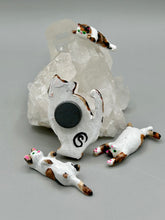 Load image into Gallery viewer, Cat lovers dream, this hand-crafted calico cat magnet art is the purrfect decoration on refrigerators, lockers, cubicles or toolboxes. The set includes one large cat magnet and three mini cat figurines, featuring emerald green eyes. Measurements: H 2” x W 1/2” x D 3/8” - Cat Magnet H 2” x W 3/8” x D 3/8” - Cat Figurines