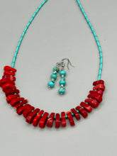 Load image into Gallery viewer, Experience the striking beauty of Southwest Style with this necklace adorned with vibrant blue turquoise and bold red coral beads. Complete the look with matching earrings, perfect for any occasion. Skillfully crafted using metal wire and secured with a hook-eye clasp for a secure and stylish finish.
Measurements: 21" in length