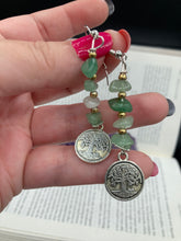 Load image into Gallery viewer, This nature-inspired set of earrings features a single strand of natural green aventurine chip stones and gold glass beads, highlighted by a silver-plated Tree of Life pendant. Measurements: 2 1/4” in length