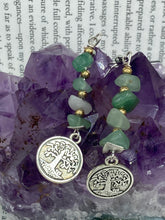 Load image into Gallery viewer, This nature-inspired set of earrings features a single strand of natural green aventurine chip stones and gold glass beads, highlighted by a silver-plated Tree of Life pendant. Measurements: 2 1/4” in length