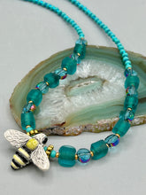 Load image into Gallery viewer, Honey Bee Pendant With Teal, Gold, And Turquoise Beaded Necklace, Summer Hippie Nature Lovers