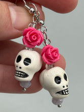 Load image into Gallery viewer, Peruvian Ceramic Skull Beads With Pink Floral Rose Beaded Earrings, Pastel Goth, Dia De Los Muertos Calavera, Day of the Dead Jewelry, La Catrina