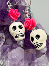 Load image into Gallery viewer, Peruvian Ceramic Skull Beads With Pink Floral Rose Beaded Earrings, Pastel Goth, Dia De Los Muertos Calavera, Day of the Dead Jewelry, La Catrina