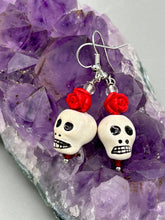 Load image into Gallery viewer, Peruvian Ceramic Skull Beads With Red Rose Beaded Earrings, Pastel Goth, Dia De Los Muertos Calavera, Day of the Dead Jewelry, La Catrina