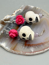 Load image into Gallery viewer, Peruvian Ceramic Skull Beads With Pink Floral Rose Beaded Earrings, Pastel Goth, Dia De Los Muertos Calavera, Day of the Dead Jewelry, La Catrina