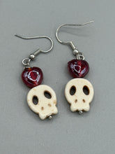 Load image into Gallery viewer, Howlite Skull Beads With Red Heart Shaped Glass Beaded Earrings, Pastel Goth, Dia De Los Muertos Calavera, Day of the Dead Jewelry, La Catrina