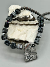 Load image into Gallery viewer, This rustic necklace features an eye-catching large trapezoid-shaped Picasso jasper, hematite, square-shaped snowflake obsidian combo set in a unique and chic design. Handcrafted from genuine stones, this necklace is perfect for any bohemian look. Measurements: Necklace is 21"