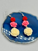 Load image into Gallery viewer, Crafted from quartzite, these highly detailed rose beads come in three striking shades of red, soft pink, and white beaded earrings. This is the ideal accessory for those interested in Dia De Los Muertos as well as those with an appreciation for gardens. Whether dressing up or down, these earrings will lend a distinctive touch to your fashion. Measurements: 1 1/2” in length