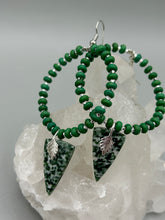 Load image into Gallery viewer, Green-White Qinghai Green Jasper Stone Beaded Hoop Earrings provide a nature-inspired look that is perfect for any boho-chic style. These earrings feature natural green jasper stone triangle pendant with small beads of silver and dark apple green magnesite stone for subtle accent. Show off your bohemian look with these eye-catching hoops. Measurements: 3" length