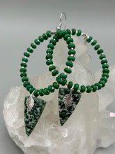 Load image into Gallery viewer, Green-White Qinghai Green Jasper Stone Beaded Hoop Earrings provide a nature-inspired look that is perfect for any boho-chic style. These earrings feature natural green jasper stone triangle pendant with small beads of silver and dark apple green magnesite stone for subtle accent. Show off your bohemian look with these eye-catching hoops. Measurements: 3" length