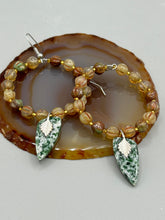 Load image into Gallery viewer, Green-White Qinghai Green Jasper Stone Beaded Hoop Earrings provide a nature-inspired look that is perfect for any boho-chic style. These earrings feature natural green jasper stone triangle pendant with champagne mix melon Czech faceted round glass beads. Glass beads have a tint of light champagne, amber, dark green and gold shimmer for subtle accent. Show off your bohemian look with these eye-catching hoops. Antique Copper Plated Surgical Steel Hammered Long Ear-wire French Hook Earrings.