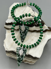 Load image into Gallery viewer, Green-White Qinghai Green Jasper Stone Beaded Hoop Earrings provide a nature-inspired look that is perfect for any boho-chic style. These earrings feature natural green jasper stone triangle pendant with small beads of silver and dark apple green magnesite stone for subtle accent. Show off your bohemian look with these eye-catching hoops. Measurements: 3" length