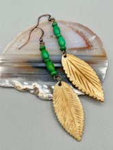 Load image into Gallery viewer, Single-stranded earring features bone carved leaf charm earrings with bright green magnesite stone beads. Antique Copper Plated Surgical Steel Hammered Long Ear-wire French Hook Earrings.  Measurements: 3” in length