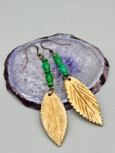 Load image into Gallery viewer, Single-stranded earring features bone carved leaf charm earrings with bright green magnesite stone beads. Antique Copper Plated Surgical Steel Hammered Long Ear-wire French Hook Earrings.  Measurements: 3” in length