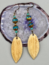 Load image into Gallery viewer, Single-stranded earring features bone carved leaf charm earrings with aqua and copper faceted glass round glass beads. Antique Copper Plated Surgical Steel Hammered Long Ear-wire French Hook Earrings.   Measurements: 3” in length