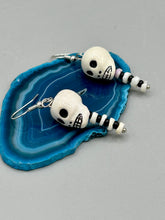 Load image into Gallery viewer, Peruvian Ceramic Skull Bead With Spine Earrings, Pastel Goth, Dia De Los Muertos Calavera, Day of the Dead Jewelry, La Catrina